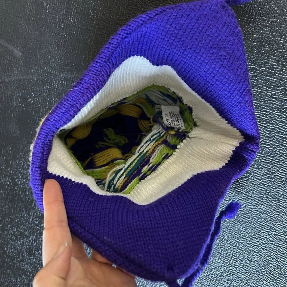 Vintage Igloos Purple Yellow‎ Nordic Knit Wool Beanie Hat Ear Flaps Ski Vikings